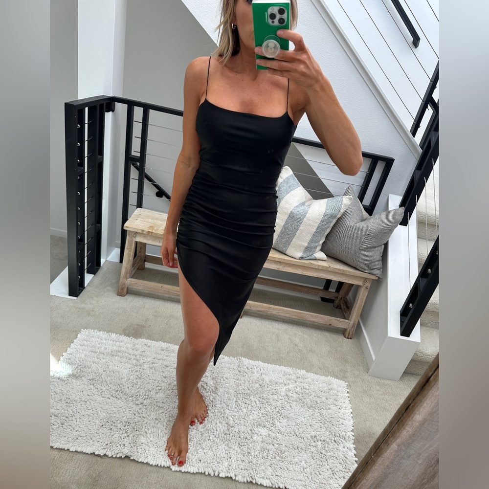 Windsor Black Satin Asymmetrical Ruched Dress Open Back Spaghetti Strap | NWT M